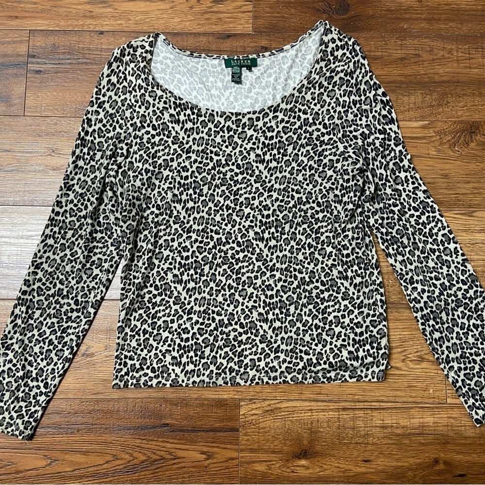 Lauren Ralph Lauren Leopard animal Print Long Sleeved Scoop Neck Top large Soft